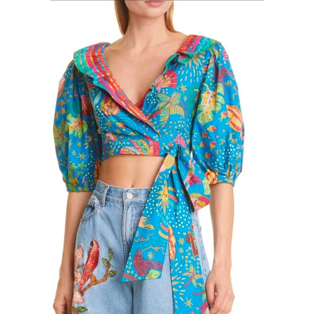Farm Rio Blue Ocean Stories Wrap Vibrant Tropical Print Puff Sleeve Crop Top